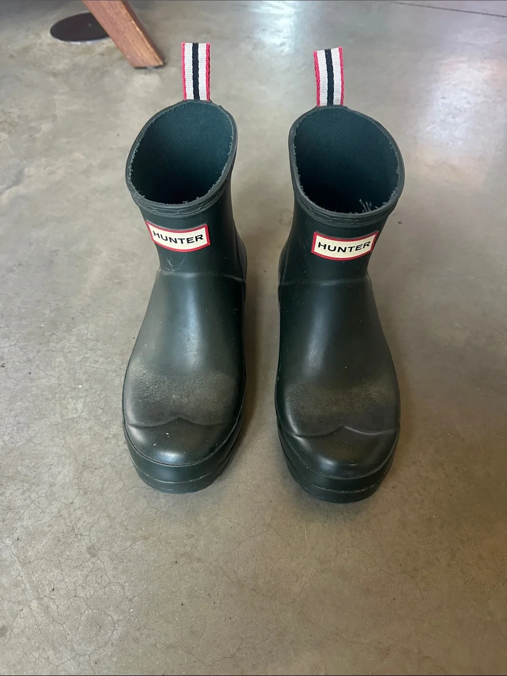 Hunter Boots - Dark Green Short Waterproof Rain Boots with Striped Pull Tabs